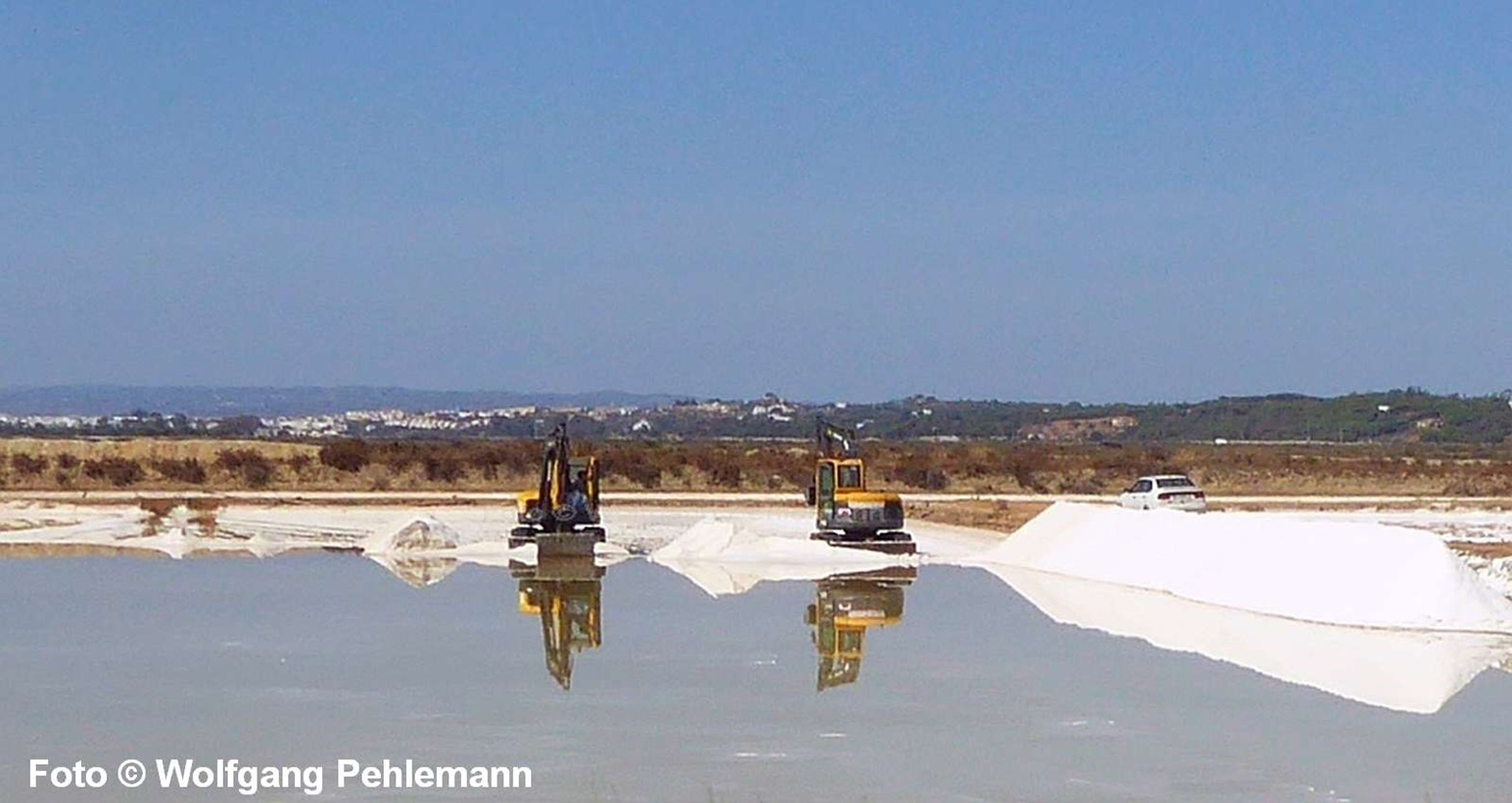 Bagger auf reinem Salz auf spiegelndem Wasser auf Isla Cristina auf dieser Erde in Andalusien Foto © Wolfgang Pehlemann P1090073